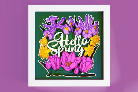 Hello Spring 3d Shadow box SVG - Flower bouquet svg, Botanical svg, Tulip svg, Daffodil svg 3D Paper CutLeafSvg 