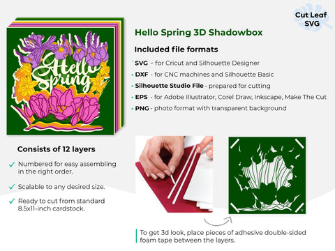 Hello Spring 3d Shadow box SVG - Flower bouquet svg, Botanical svg, Tulip svg, Daffodil svg 3D Paper CutLeafSvg 