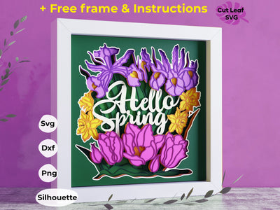 Hello Spring 3d Shadow box SVG - Flower bouquet svg, Botanical svg, Tulip svg, Daffodil svg 3D Paper CutLeafSvg 