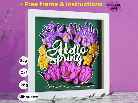 Hello Spring 3d Shadow box SVG - Flower bouquet svg, Botanical svg, Tulip svg, Daffodil svg 3D Paper CutLeafSvg 