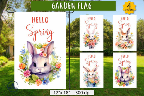 Hello spring garden flag | Floral bunny illustration Sublimation Olga Boat Design 