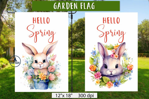Hello spring garden flag | Floral bunny illustration Sublimation Olga Boat Design 