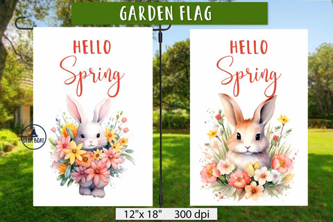 Hello spring garden flag | Floral bunny illustration Sublimation Olga Boat Design 
