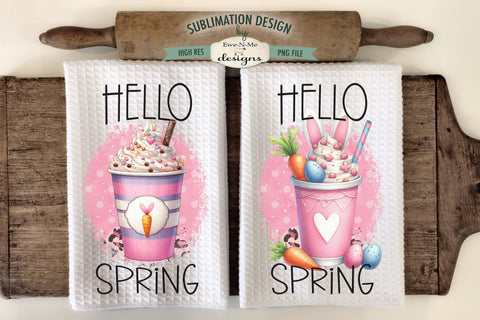 Hello Spring Pink Latte Easter Drinks | Kitchen Dish Towel PNG Sublimation Ewe-N-Me Designs 