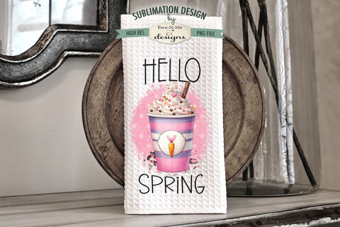 Hello Spring Pink Latte Easter Drinks | Kitchen Dish Towel PNG Sublimation Ewe-N-Me Designs 