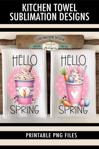 Hello Spring Pink Latte Easter Drinks | Kitchen Dish Towel PNG Sublimation Ewe-N-Me Designs 