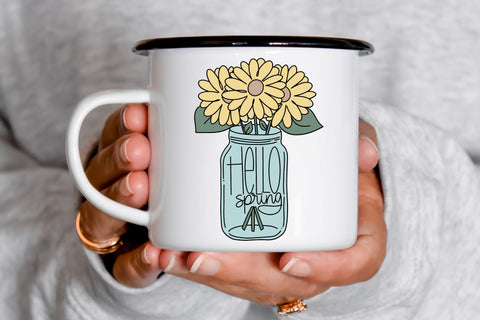 Hello Spring SVG, Cute Farmhouse Decor SVG File for Cricut, Sunflower Jar PNG for Sublimation, Shirts, Mugs, Cute Spring Cottagecore Design SVG Designing Digitals 