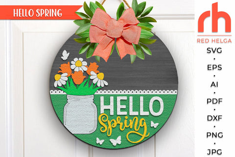 Hello Spring SVG, Floral Door Sign Cut File, Flower Hanger SVG RedHelgaArt 
