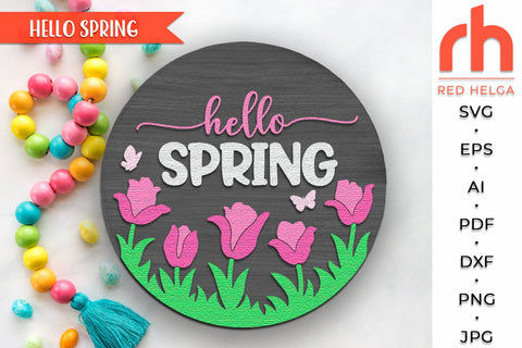 Hello Spring SVG, Floral Door Sign Cut File, Tulip Hanger SVG RedHelgaArt 