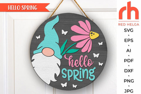 Hello Spring SVG, Layered Door Sign Cut File, Gnome Flower SVG RedHelgaArt 