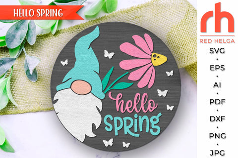 Hello Spring SVG, Layered Door Sign Cut File, Gnome Flower SVG RedHelgaArt 