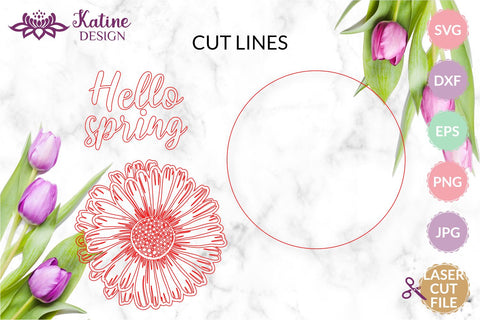 Hello Spring SVG, Round Sign Laser Cut Files, Laser Cut Designs, Glowforge SVG, Flower Laser Cut, Floral SVG, CNC Files, Glowforge Files, Lasercut Files, Laser Cutting, Laser Cut Vector, File for Laser Cutting, SVG Cut Files, Dxf Files, Dxf Files SVG KatineDesign 