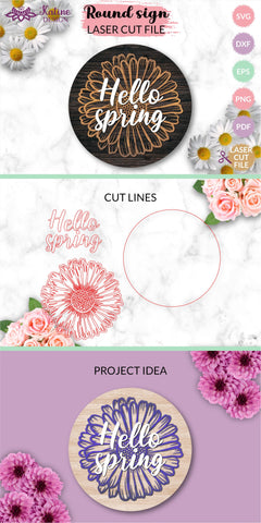 Hello Spring SVG, Round Sign Laser Cut Files, Laser Cut Designs, Glowforge SVG, Flower Laser Cut, Floral SVG, CNC Files, Glowforge Files, Lasercut Files, Laser Cutting, Laser Cut Vector, File for Laser Cutting, SVG Cut Files, Dxf Files, Dxf Files SVG KatineDesign 