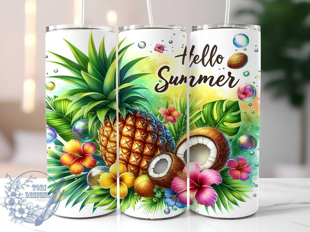 Hello Summer 20oz Skinny Tumbler PNG, Tropical Tumbler Sublimation Wrap, Straight & Tapered Tumbler Wrap, Instant Digital Download Sublimation ToriDesigns 