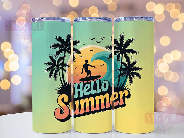 Hello Summer Beach 20oz Tumbler, Vibrant Beach Scene, Tropical Coastal Illustration, Sublimation Tumbler Wrap, 20oz Tumbler, Fun Summer Gift, Bright Ocean Style Sublimation SvggirlplusArt 