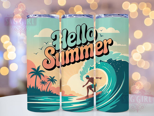 Hello Summer Beach 20oz Tumbler, Vibrant Beach Scene, Tropical Coastal Illustration, Sublimation Tumbler Wrap, 20oz Tumbler, Fun Summer Gift, Bright Ocean Style Sublimation SvggirlplusArt 