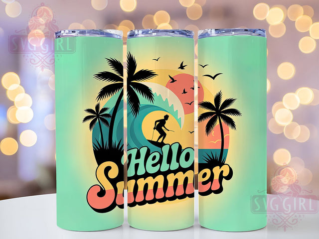 Hello Summer Beach 20oz Tumbler, Vibrant Beach Scene, Tropical Coastal Illustration, Sublimation Tumbler Wrap, 20oz Tumbler, Fun Summer Gift, Bright Ocean Style Sublimation SvggirlplusArt 
