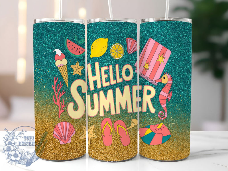 Hello Summer Beach Glitter Tumbler Wrap, Glitter Tumbler Design, Hello Summer Tumbler, 20oz Skinny Tumbler Wrap, Summer Sublimation Design, Beach Sublimation Wrap, Tropical Tumbler Wrap Sublimation ToriDesigns 