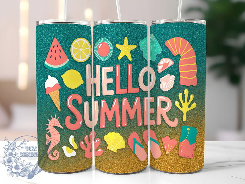 Hello Summer Beach Glitter Tumbler Wrap, Glitter Tumbler Design, Hello Summer Tumbler, 20oz Skinny Tumbler Wrap, Summer Sublimation Design, Beach Sublimation Wrap, Tropical Tumbler Wrap Sublimation ToriDesigns 