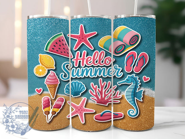 Hello Summer Beach Glitter Tumbler Wrap, Glitter Tumbler Design, Hello Summer Tumbler, 20oz Skinny Tumbler Wrap, Summer Sublimation Design, Beach Sublimation Wrap, Tropical Tumbler Wrap Sublimation ToriDesigns 