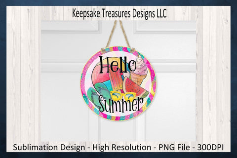 Hello Summer Door Sign, Hand Drawn Door Hanger, Summer Wreath Attachment, Sublimation Png Design Sublimation Keepsake Treasures Designs LLC. 
