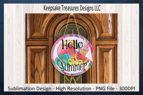 Hello Summer Door Sign, Hand Drawn Door Hanger, Summer Wreath Attachment, Sublimation Png Design Sublimation Keepsake Treasures Designs LLC. 