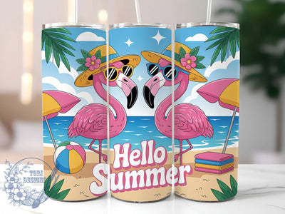 Hello Summer Flamingo 20oz Tumbler, Pink Flamingo Wrap, Playful Flamingo PNG, 20oz Skinny Tumbler, Summer Flamingo Sublimation, Tropical Bird Art, Fun Summer Graphic, Vibrant Vacation Design Sublimation ToriDesigns 