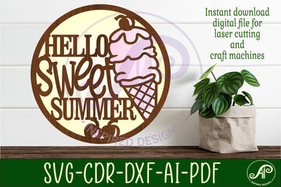 Hello summer ice cream wall sign svg laser cut file SVG APInspireddesigns 