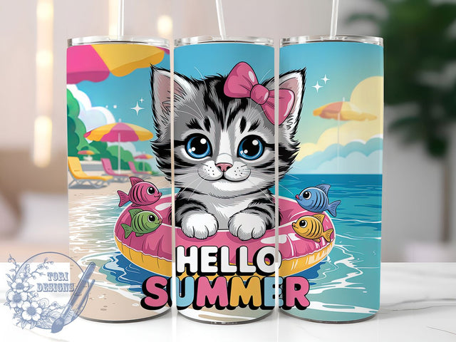 Hello Summer Kitten 20oz Tumbler, Playful Cat Tumbler, Summer Kitten Wrap, 20oz Skinny Tumbler, Kawaii Summer Sublimation, Cat Lover Beach Art, Cute Summer Graphic, Whimsical Vacation Design Sublimation ToriDesigns 