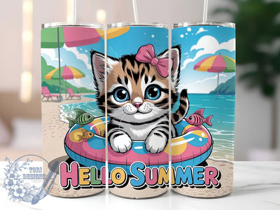 Hello Summer Kitten 20oz Tumbler, Playful Cat Tumbler, Summer Kitten Wrap, 20oz Skinny Tumbler, Kawaii Summer Sublimation, Cat Lover Beach Art, Cute Summer Graphic, Whimsical Vacation Design Sublimation ToriDesigns 