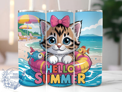 Hello Summer Kitten 20oz Tumbler, Playful Cat Tumbler, Summer Kitten Wrap, 20oz Skinny Tumbler, Kawaii Summer Sublimation, Cat Lover Beach Art, Cute Summer Graphic, Whimsical Vacation Design Sublimation ToriDesigns 