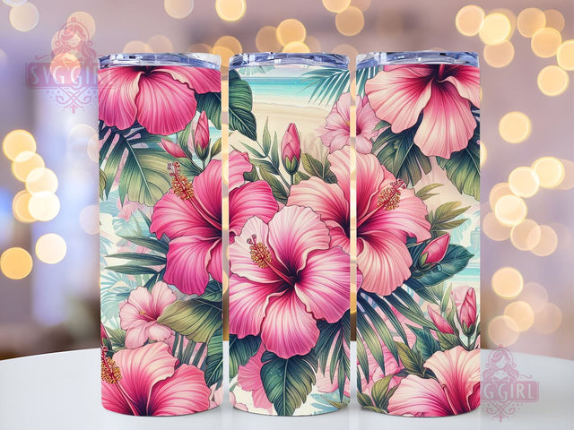 Hello Summer Pink Tropical Flower Hibiscus Beach Vacation 20oz skinny tumbler sublimation designs Download PNG Sublimation SvggirlplusArt 