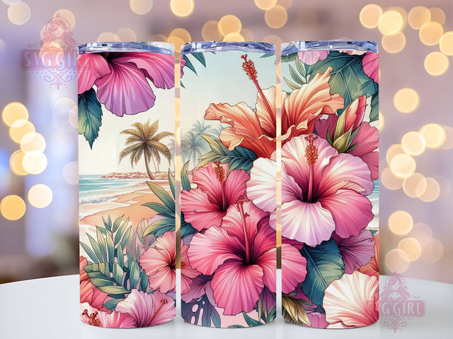 Hello Summer Pink Tropical Flower Hibiscus Beach Vacation 20oz skinny tumbler sublimation designs Download PNG Sublimation SvggirlplusArt 