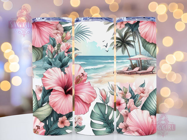 Hello Summer Pink Tropical Flower Hibiscus Beach Vacation 20oz skinny tumbler sublimation designs Download PNG Sublimation SvggirlplusArt 