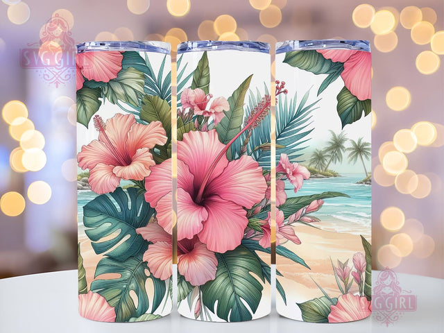 Hello Summer Pink Tropical Flower Hibiscus Beach Vacation 20oz skinny tumbler sublimation designs Download PNG Sublimation SvggirlplusArt 