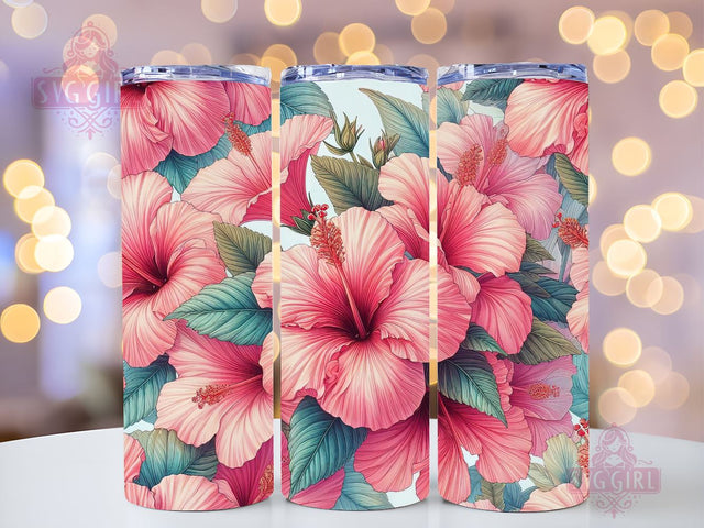 Hello Summer Pink Tropical Flower Hibiscus Beach Vacation 20oz skinny tumbler sublimation designs Download PNG Sublimation SvggirlplusArt 