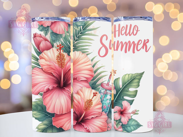 Hello Summer Pink Tropical Flower Hibiscus Beach Vacation 20oz skinny tumbler sublimation designs Download PNG Sublimation SvggirlplusArt 