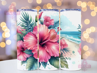 Hello Summer Pink Tropical Flower Hibiscus Beach Vacation 20oz skinny tumbler sublimation designs Download PNG Sublimation SvggirlplusArt 
