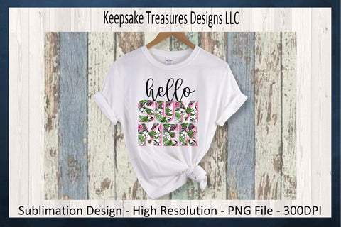 Hello Summer Sublimation PNG Design, Bright Colors, Tropical Leaves, Summer Clipart, Digital Download, PNG Printable Sublimation Keepsake Treasures Designs LLC. 