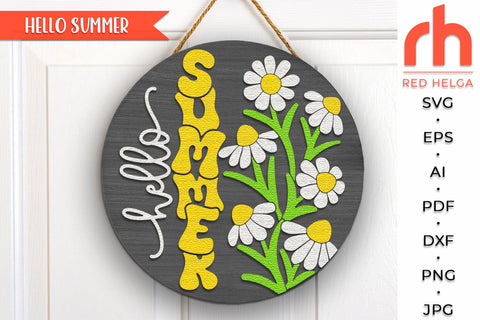 Hello Summer SVG, Daisy Door Sign Cut File, Floral Hanger SVG RedHelgaArt 
