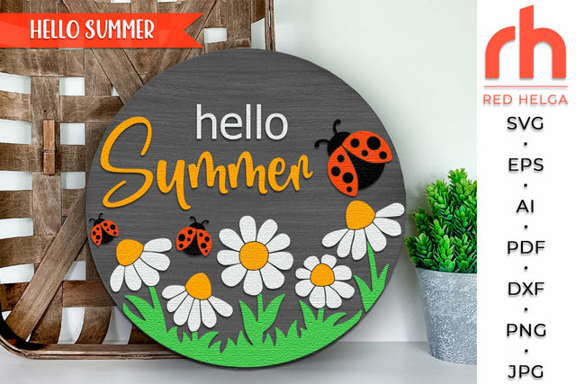 Hello Summer SVG, Layered Door Sign DXF, LadyBug Cut File SVG RedHelgaArt 