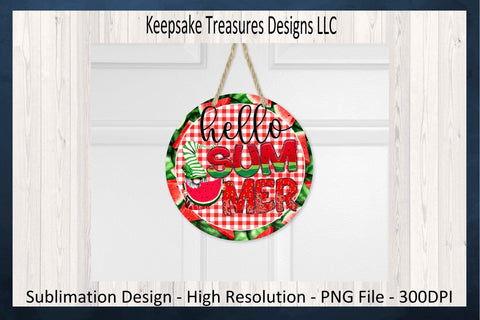 Hello Summer, Watermelon Gnome Sublimation PNG Design, Wreath Attachment, Wooden Door Sign, Summertime Home Decor, Digital Download Sublimation Keepsake Treasures Designs LLC. 