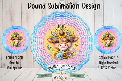 Hello Sunshine Cow Wind Spinner Round Sublimation Design PNG Sublimation Ewe-N-Me Designs 