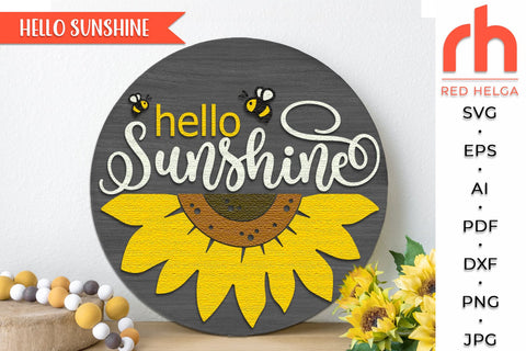 Hello Sunshine SVG, Sunflower Door Sign DXF, Summer Hanger SVG RedHelgaArt 