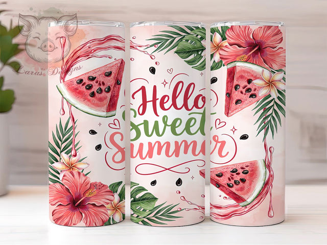 Hello Sweet Summer Watermelon 20oz Tumbler, Watermelon Juice, Summer Vibes, Fruit Drips, Tropical Design, Skinny Tumbler, Sublimation PNG Sublimation Lara' s Designs 