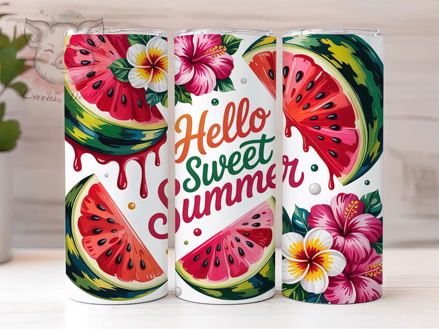 Hello Sweet Summer Watermelon 20oz Tumbler, Watermelon Juice, Summer Vibes, Fruit Theme, Refreshing Design, 20oz Tumbler Wrap, Sublimation PNG Sublimation Lara' s Designs 