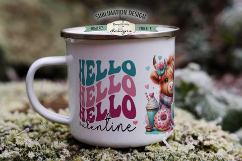 Hello Valentine Highland Cow Mug Sublimation Wrap Design 11 &15 oz. Sublimation Ewe-N-Me Designs 