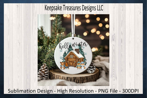 Hello Winter Cabin Hand Drawn, Sublimation PNG, Cozy Winter Animals, Digital Download Sublimation Keepsake Treasures Designs LLC. 
