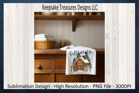 Hello Winter Cabin Hand Drawn, Sublimation PNG, Cozy Winter Animals, Digital Download Sublimation Keepsake Treasures Designs LLC. 