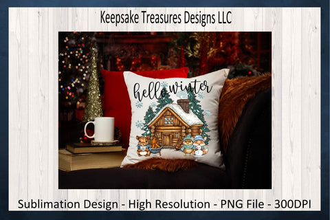 Hello Winter Cabin Hand Drawn, Sublimation PNG, Cozy Winter Animals, Digital Download Sublimation Keepsake Treasures Designs LLC. 
